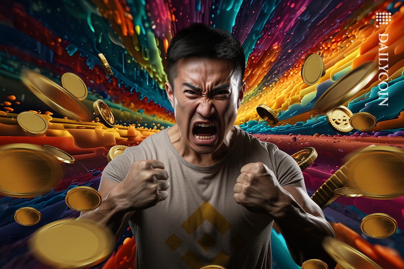 Asian man angry with crypto coins on Binance.