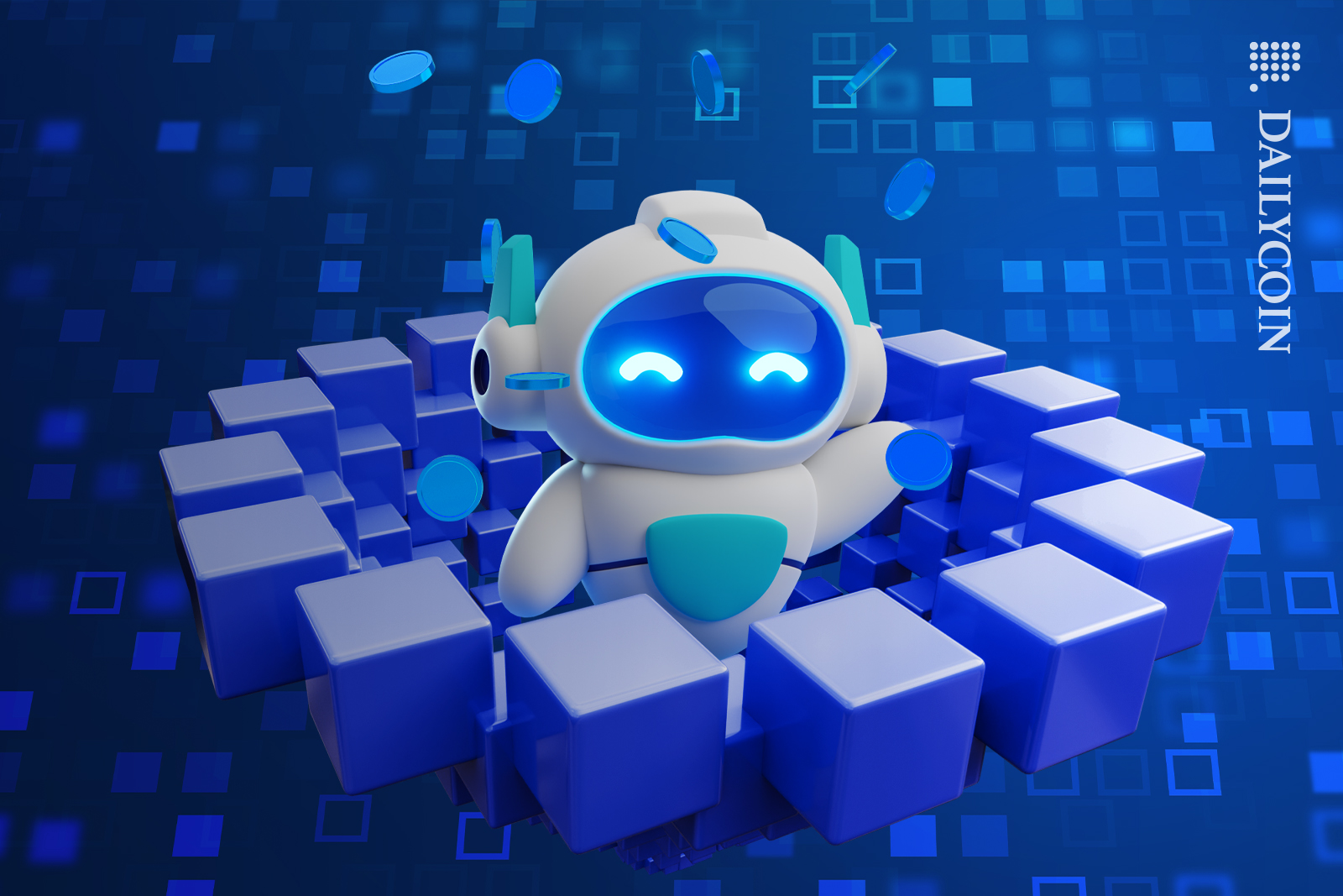 Little robot appearing from a blockchain form throwing coins up in the air smilling.