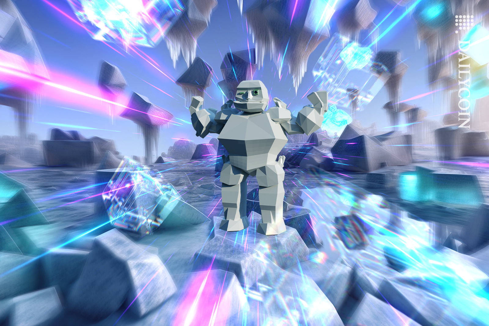 Character made of stone feeling powerful with digital blocks.