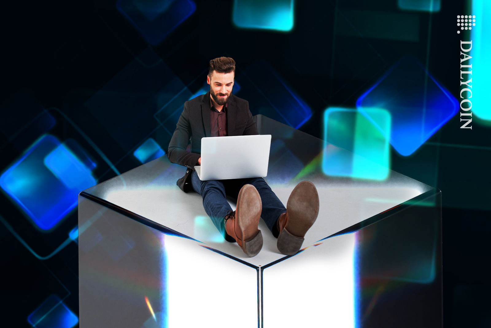 Guy sitting on a digital cube surrounded by blockchain.