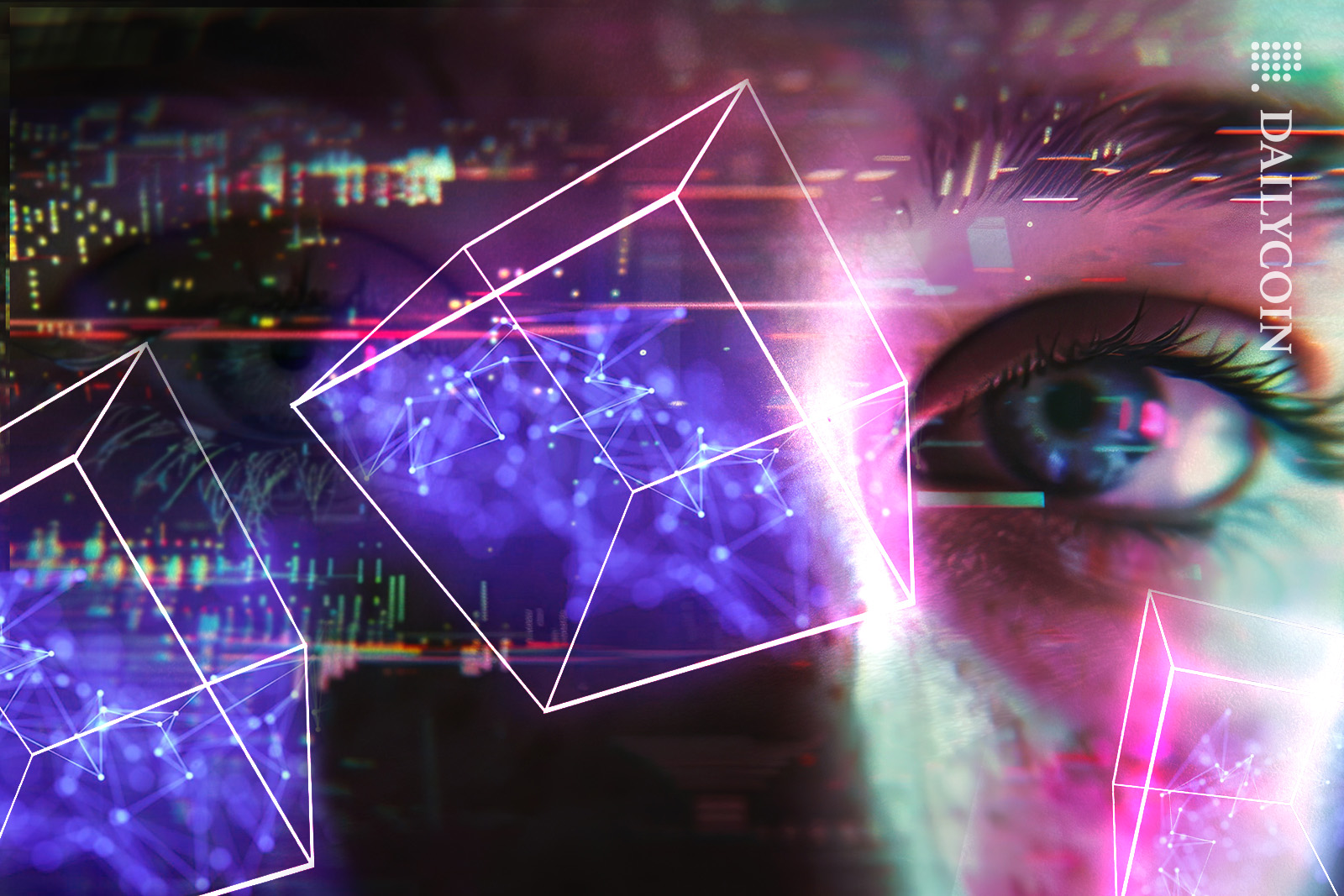 Woman looking closely at the blockchain cubes.