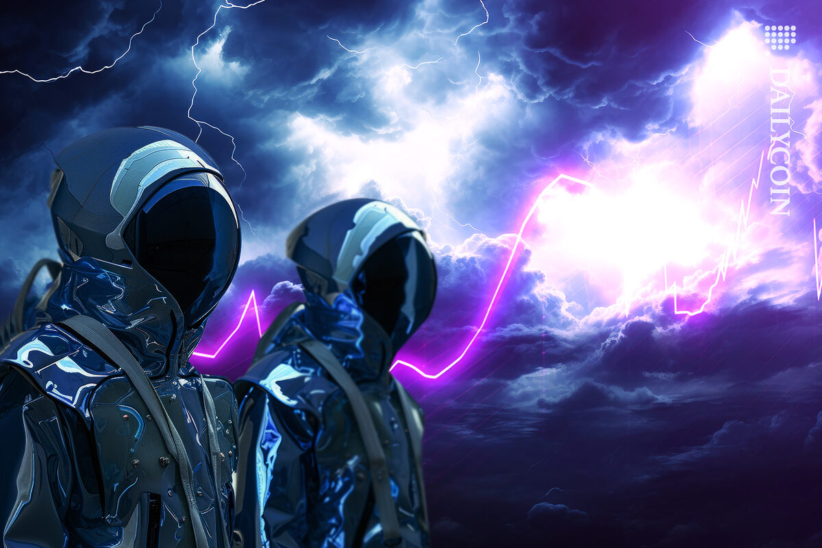 Two futuristic guys looking at the stormy XRP coin price chart.