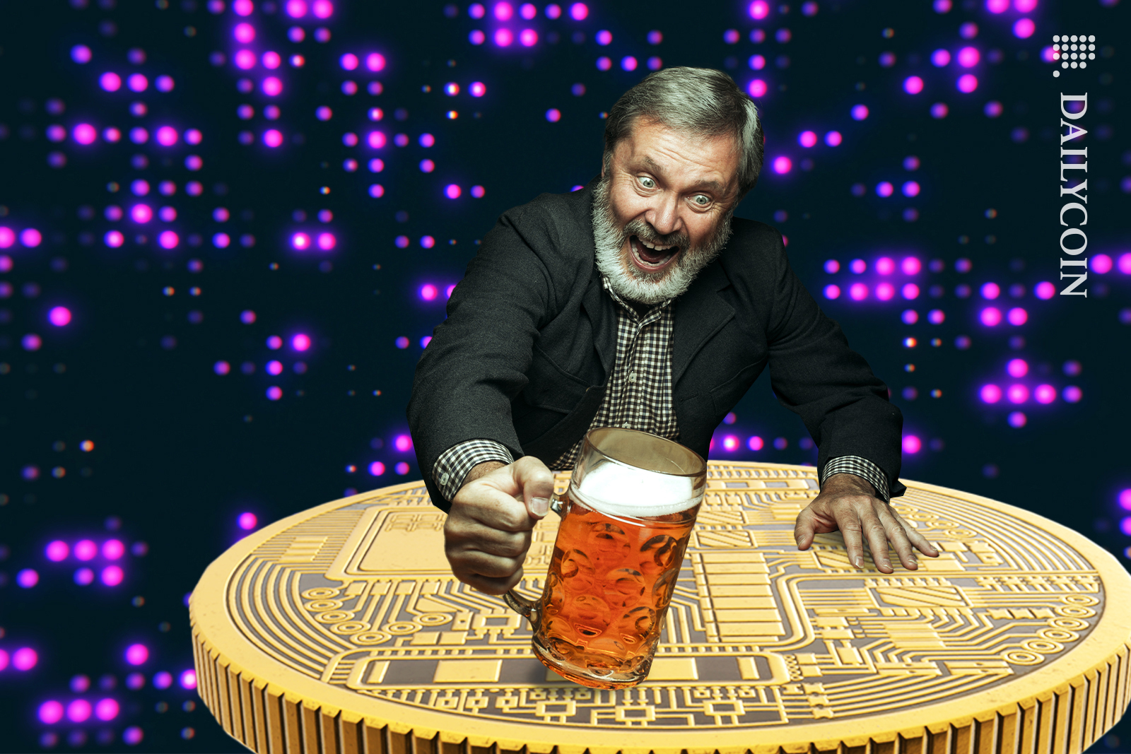 Man cheersing a beer to a crypto coin.