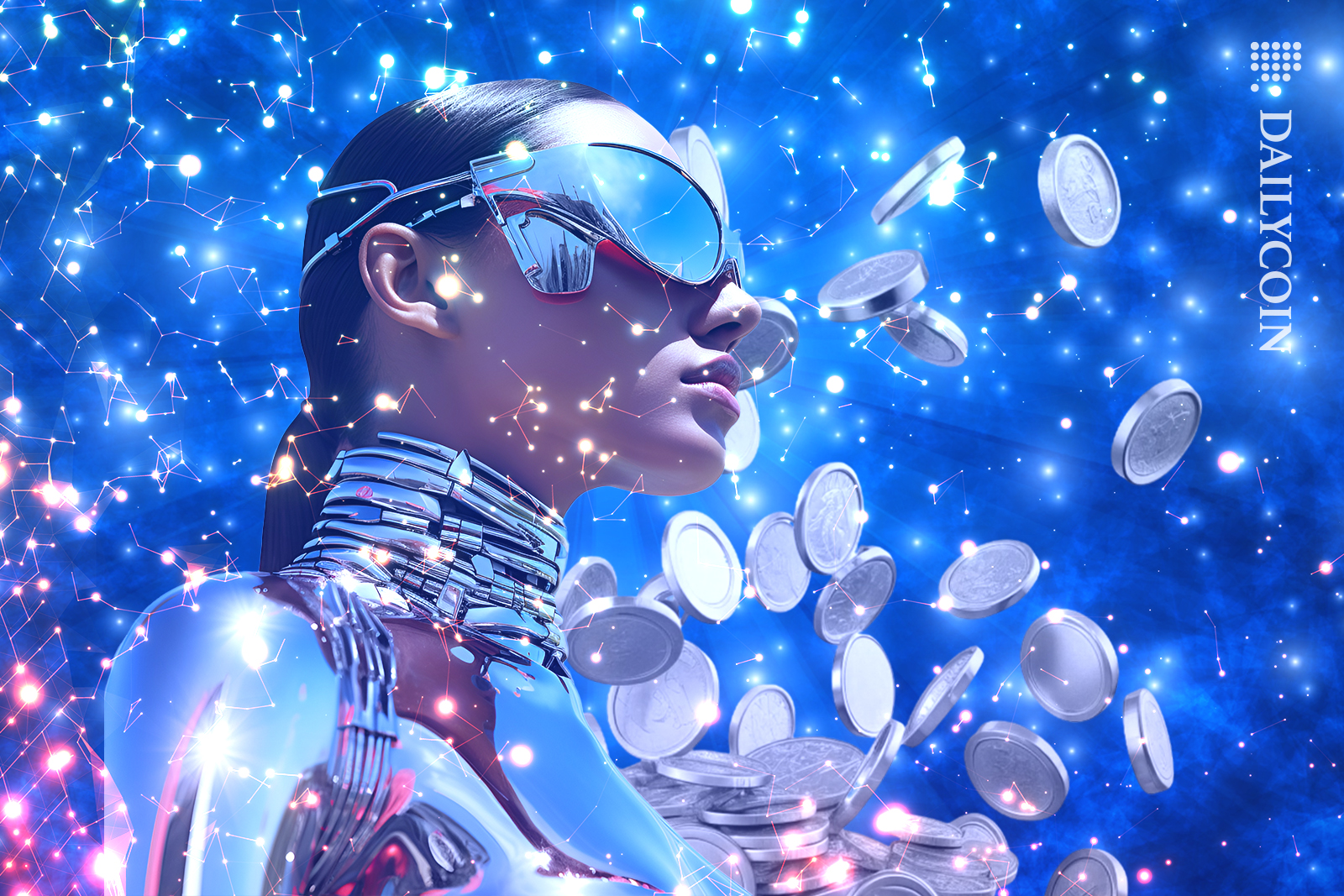 Stellar woman seeing stars and coins in space.