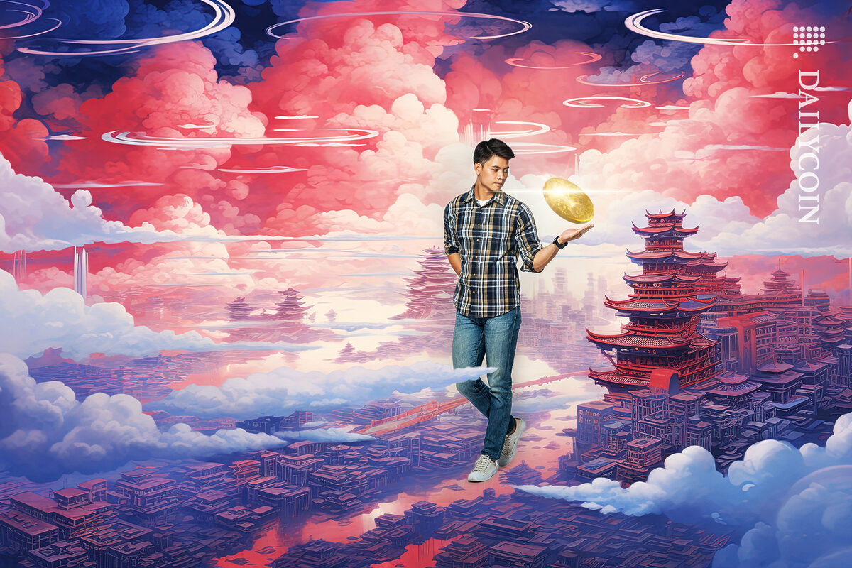 Guy walking around Asia with a hovering crypto coin.