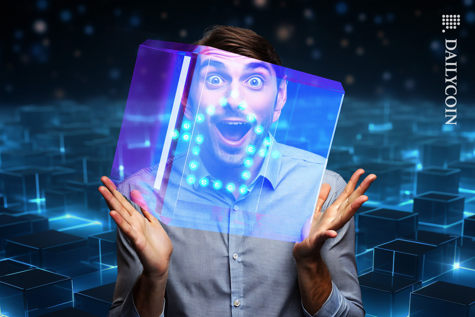 Guy holding a digital cube and it has an arrow pointing up inside.