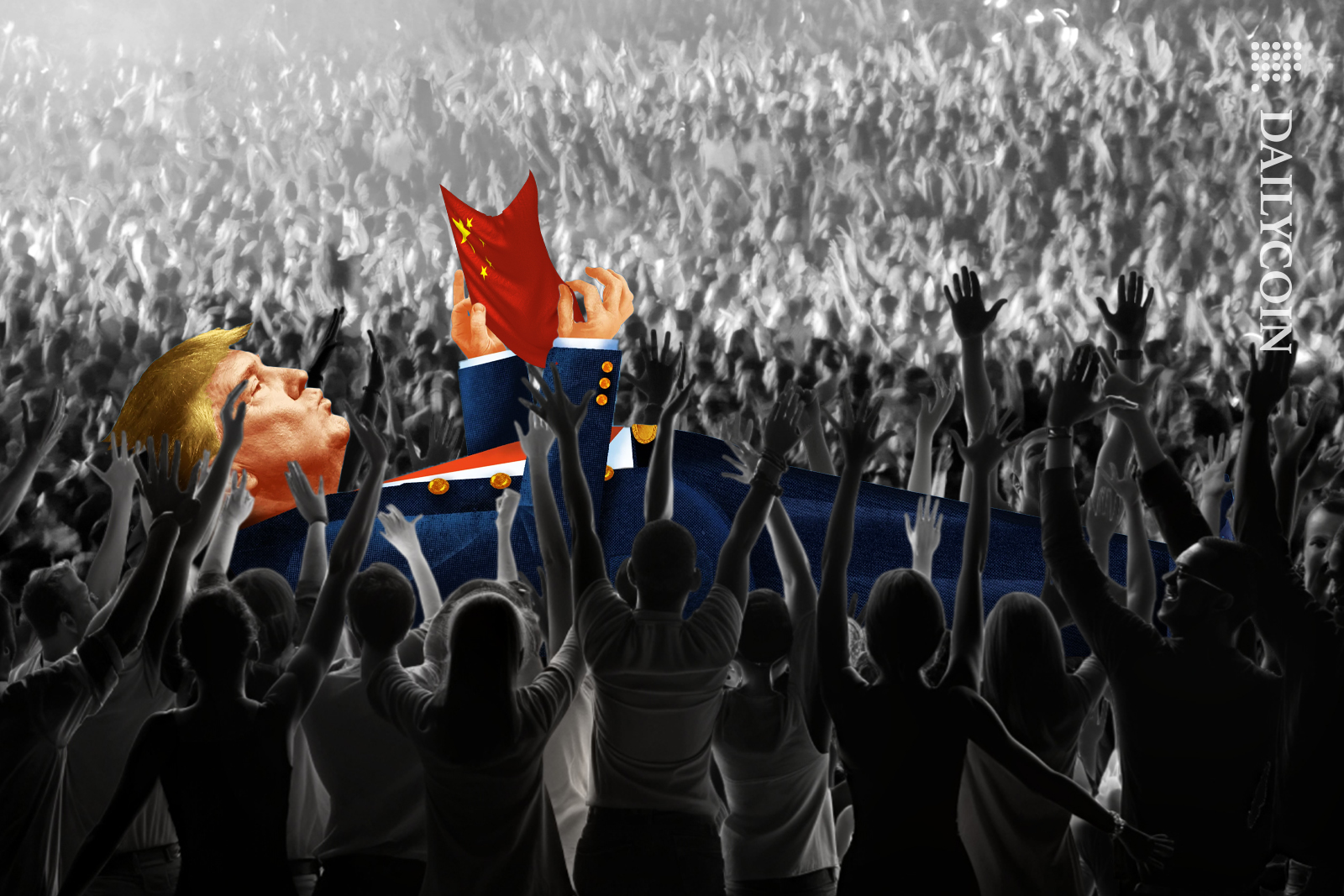 Donald Trump crowd surfing and kissing the Chinese flag.