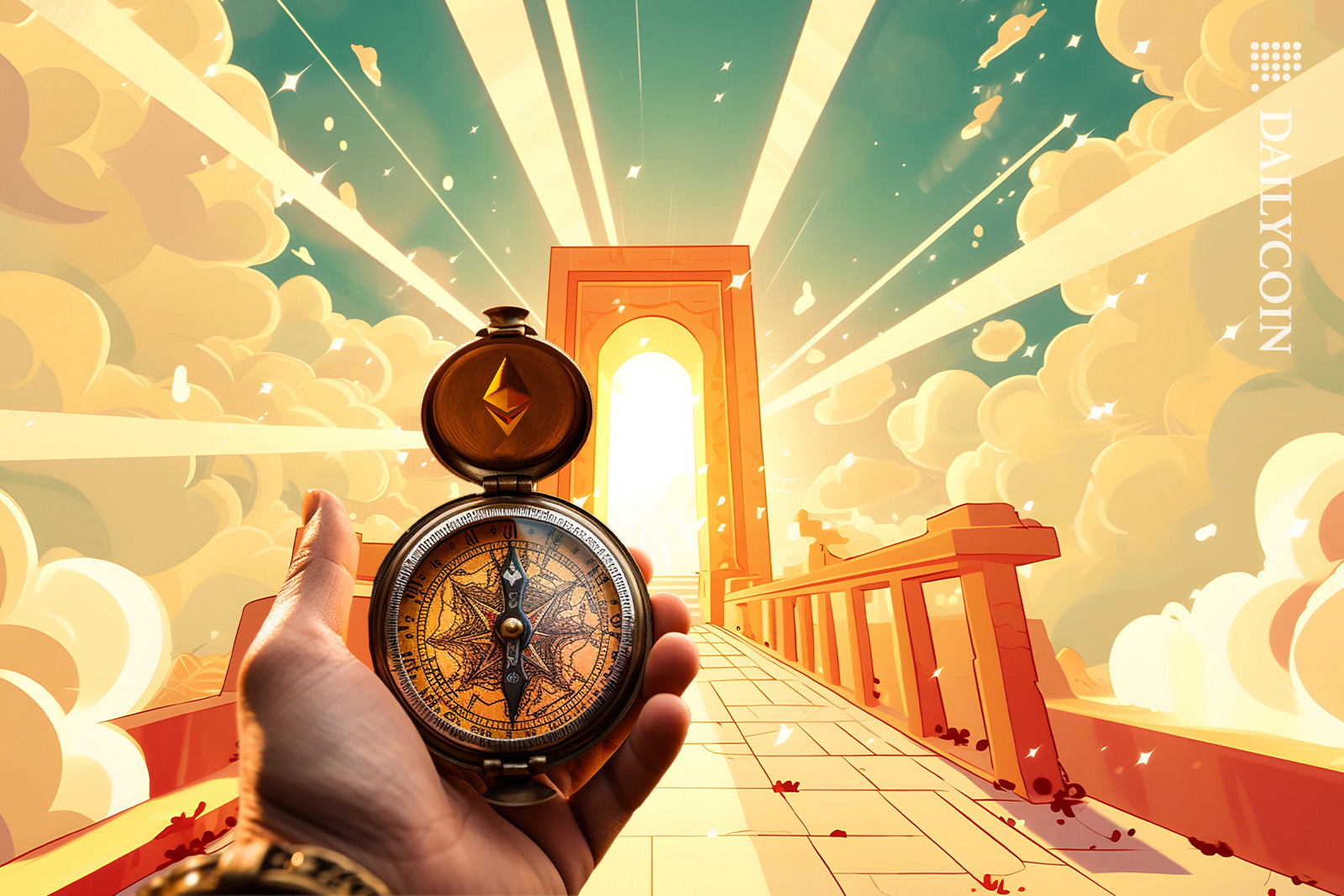 Man navigating Ethereum compass to the golden gates.