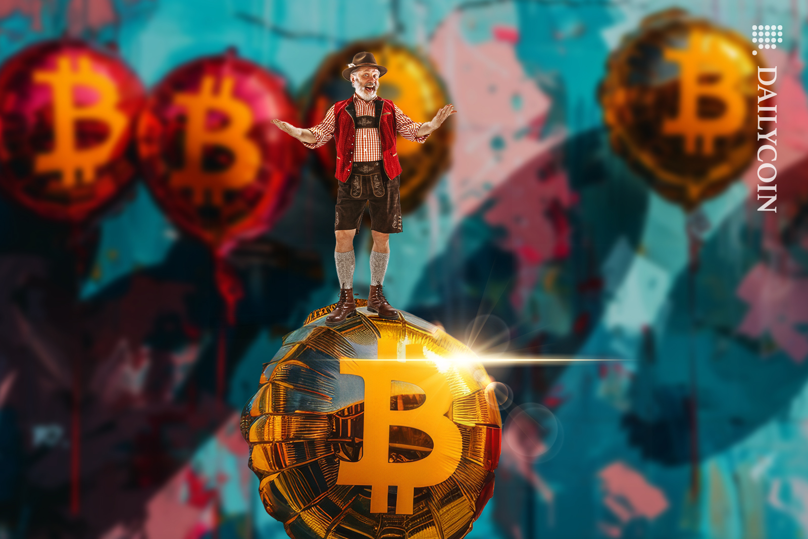 German man on a Bitcoin helium balloon.