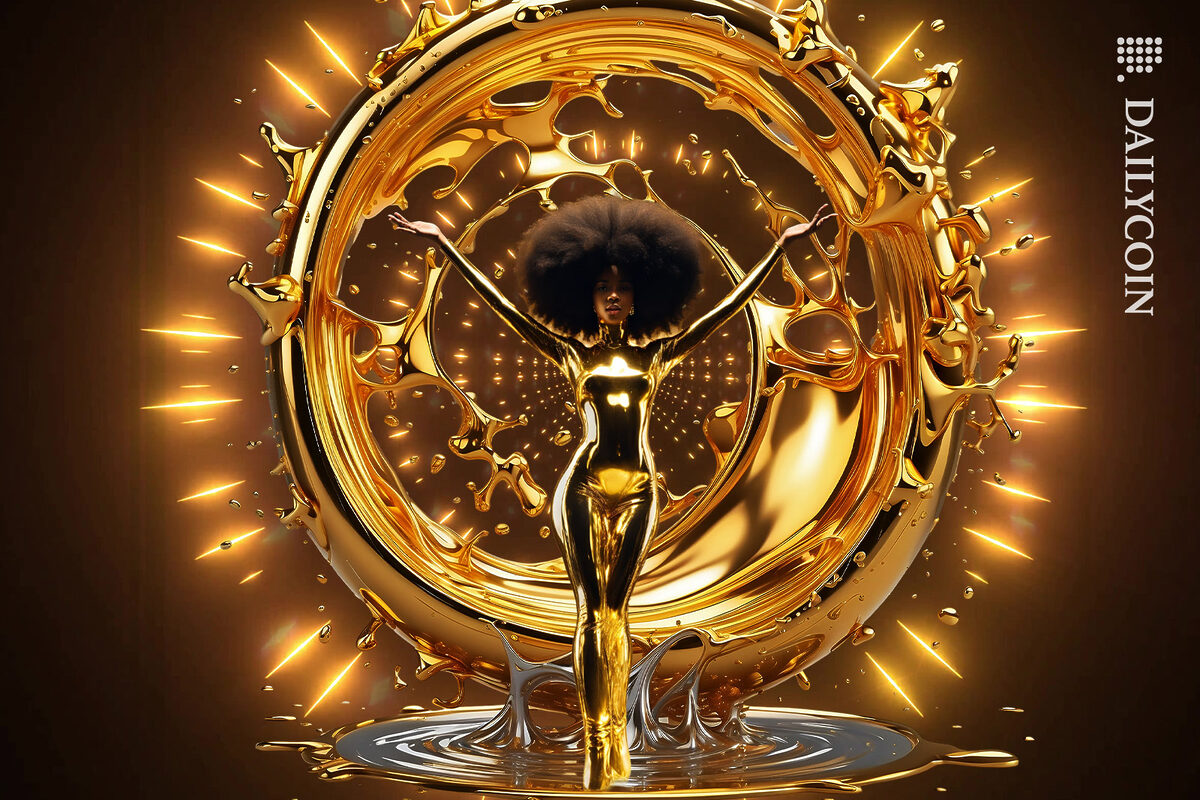 Woman in a golden digital circle.