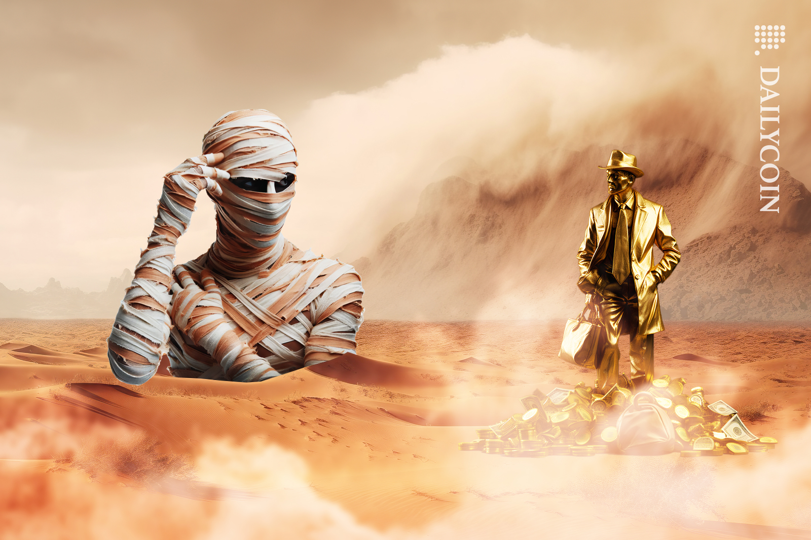 A mummy hacker thinking about the deal that the gold man with his treasure is offering.