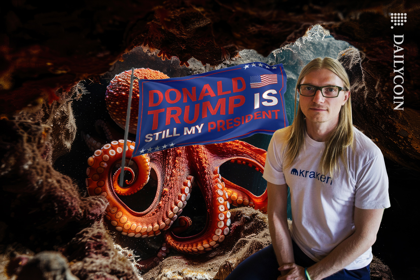 Jesse Powell sitting with his kraken. Kraken is holding a supporting Trump flag.