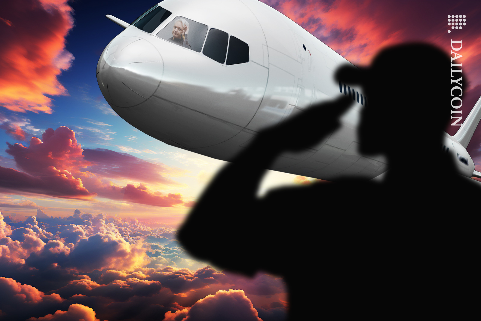 Guy saluting Julian Assange and he is saluting back from the plane.