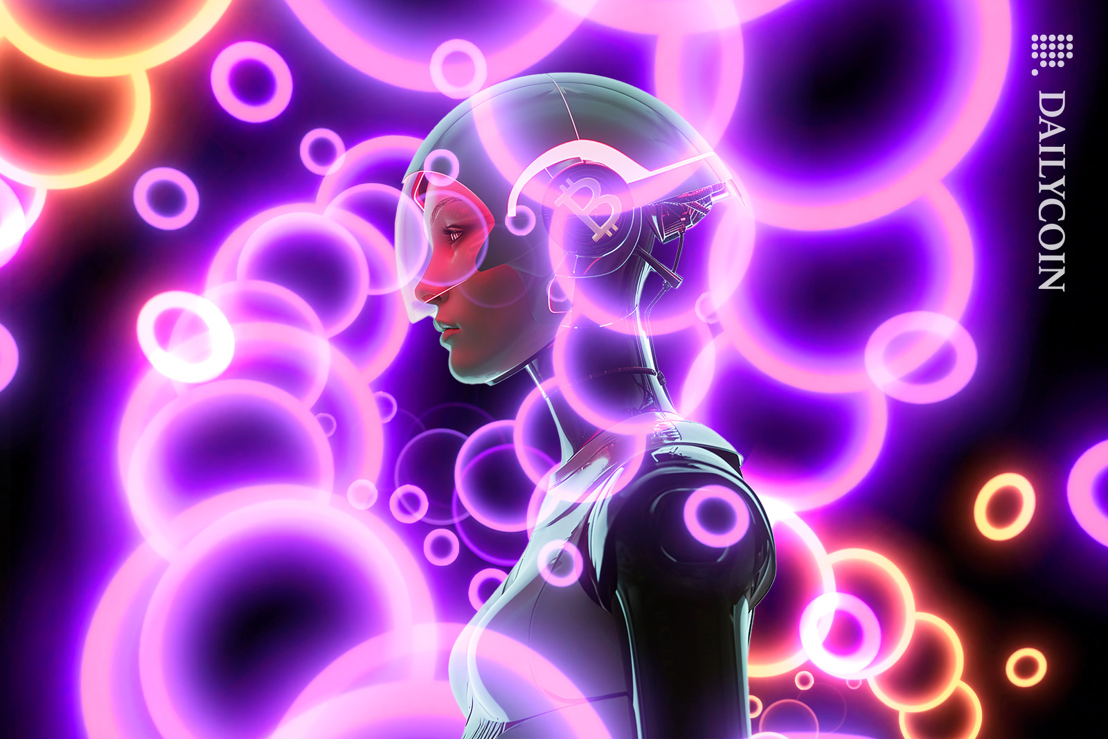 Cyber girl with bitcoin helmet seeing moving blockchain circles.