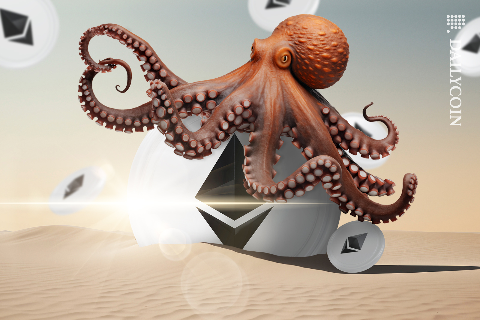 Kraken sitting on a massive Ethereum coin.
