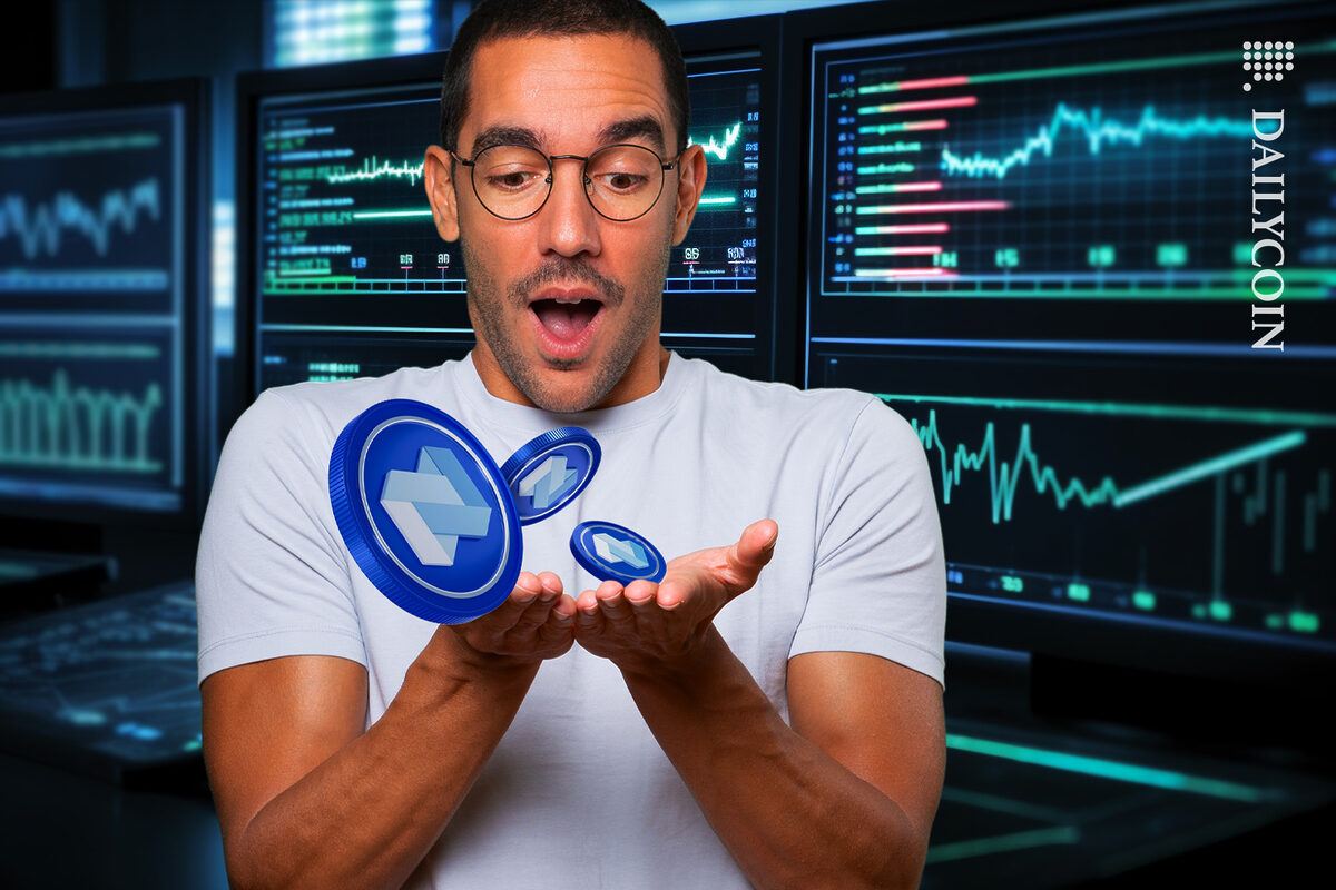 Nexo coins falling out of a traiders hand.