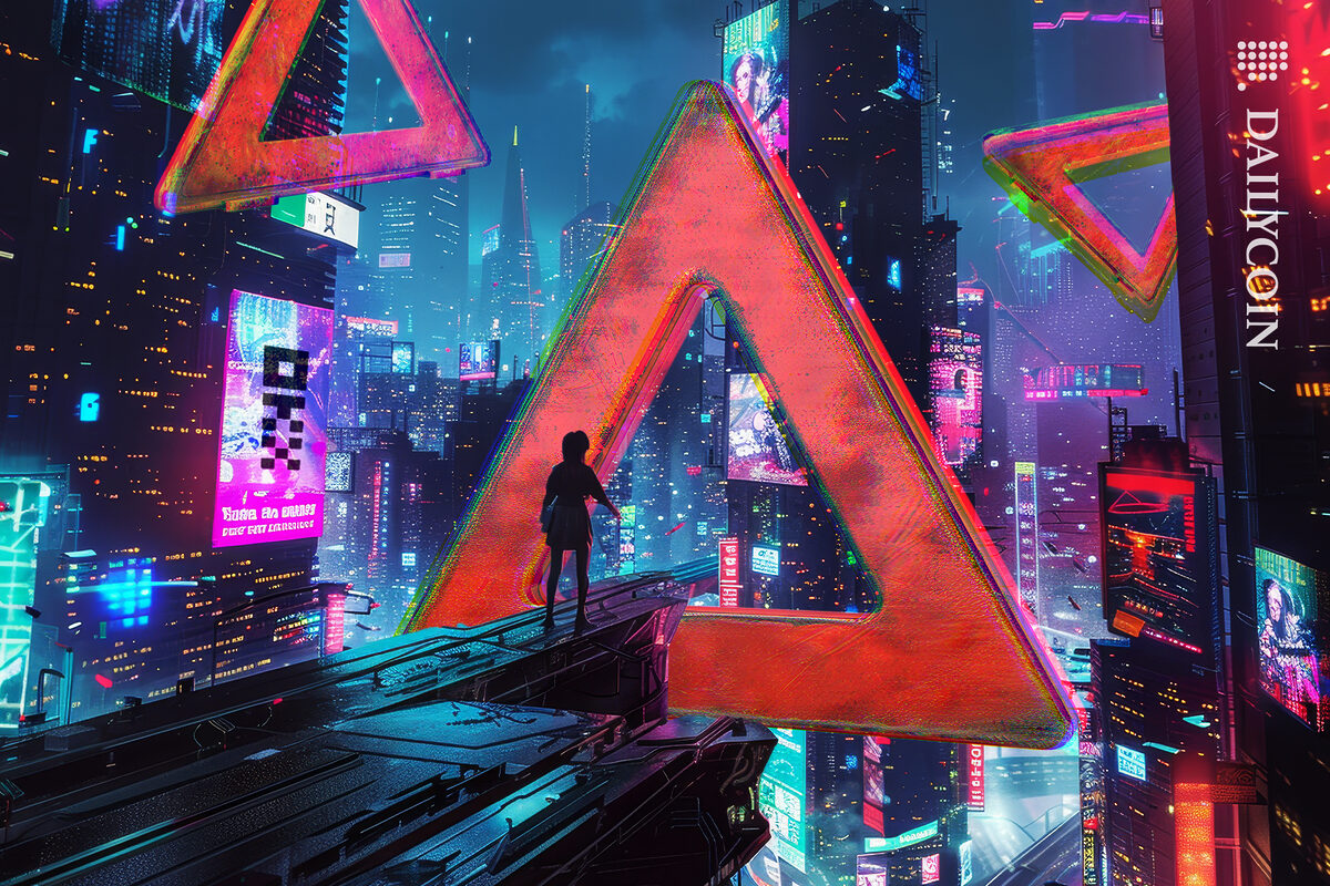 Girl on a roof of OKX city, seeing warning signs in the air.