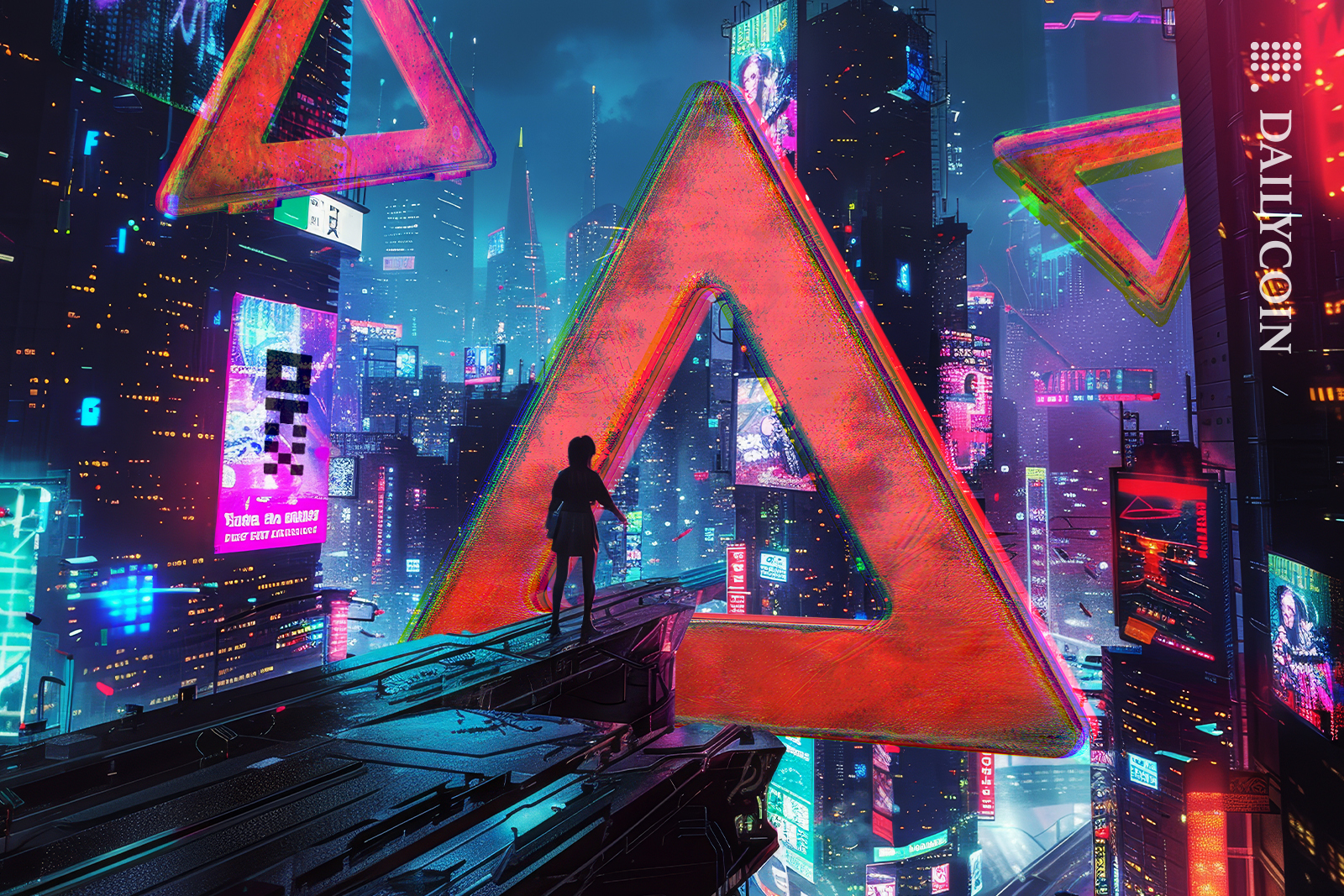 Girl on a roof of OKX city, seeing warning signs in the air.