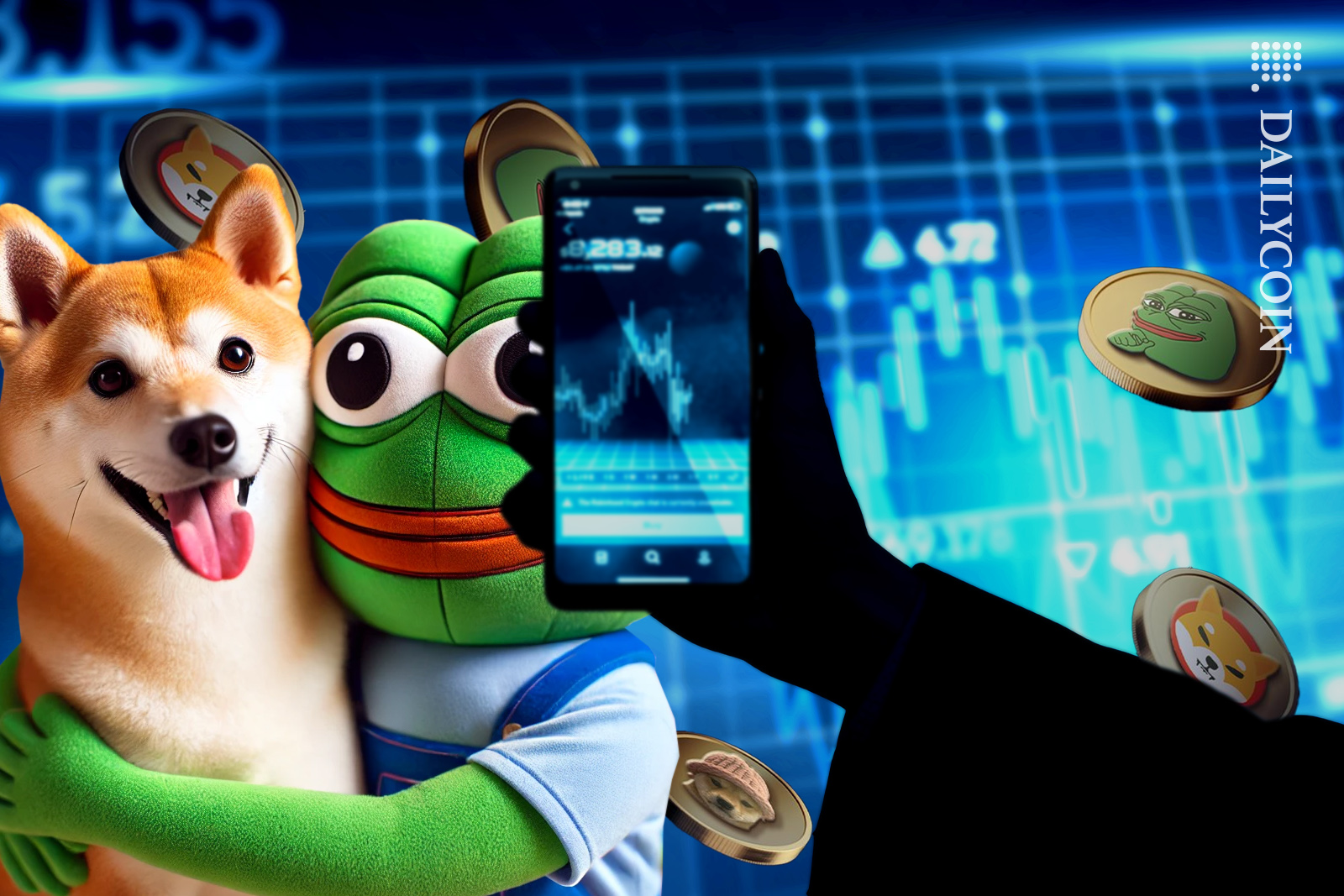 Shiba inu and PEPE really happy to be together on an exchange.