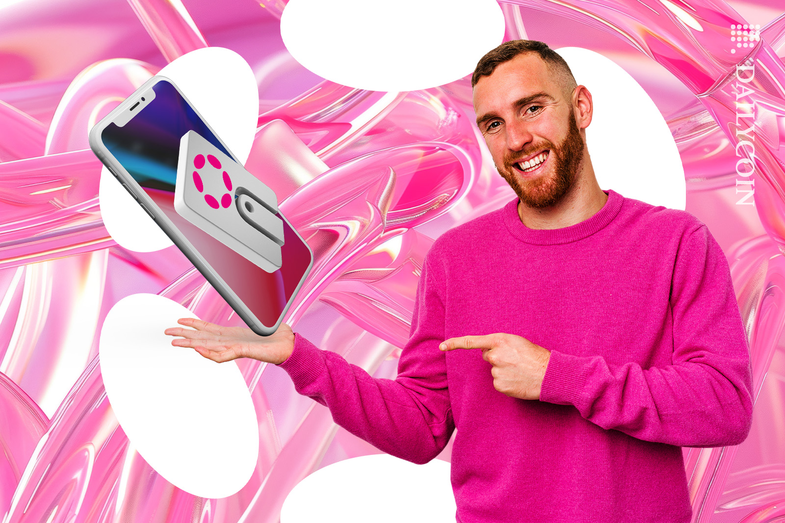 Smiling guy pointing to his Polkadot wallet.