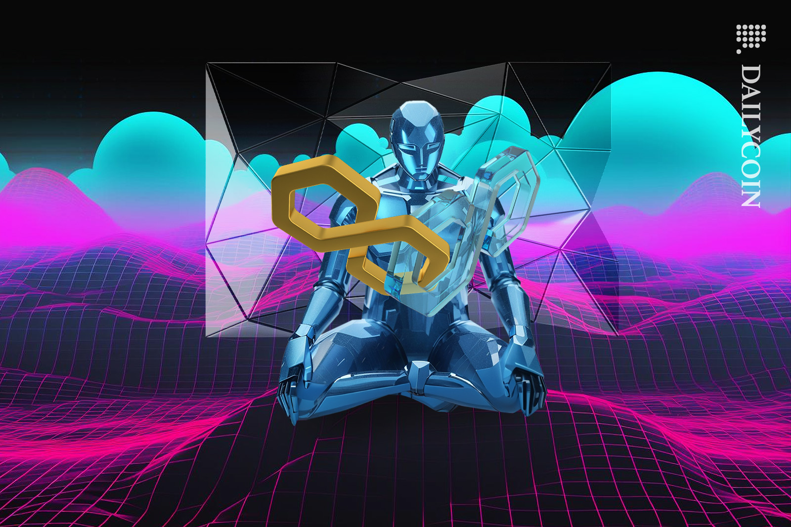Robot interlinking Polygon matic on digital space.