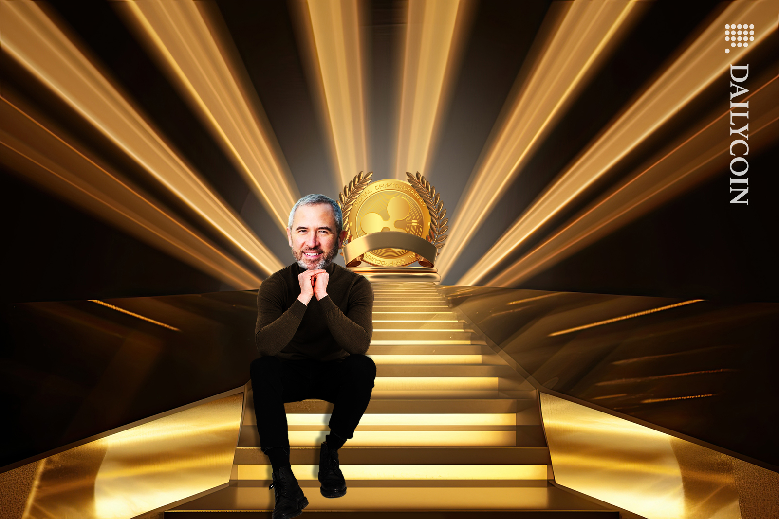 Brad Garlinghouse sitting on the golden steps waiting for his win for Ripple & XRP price appreciation.