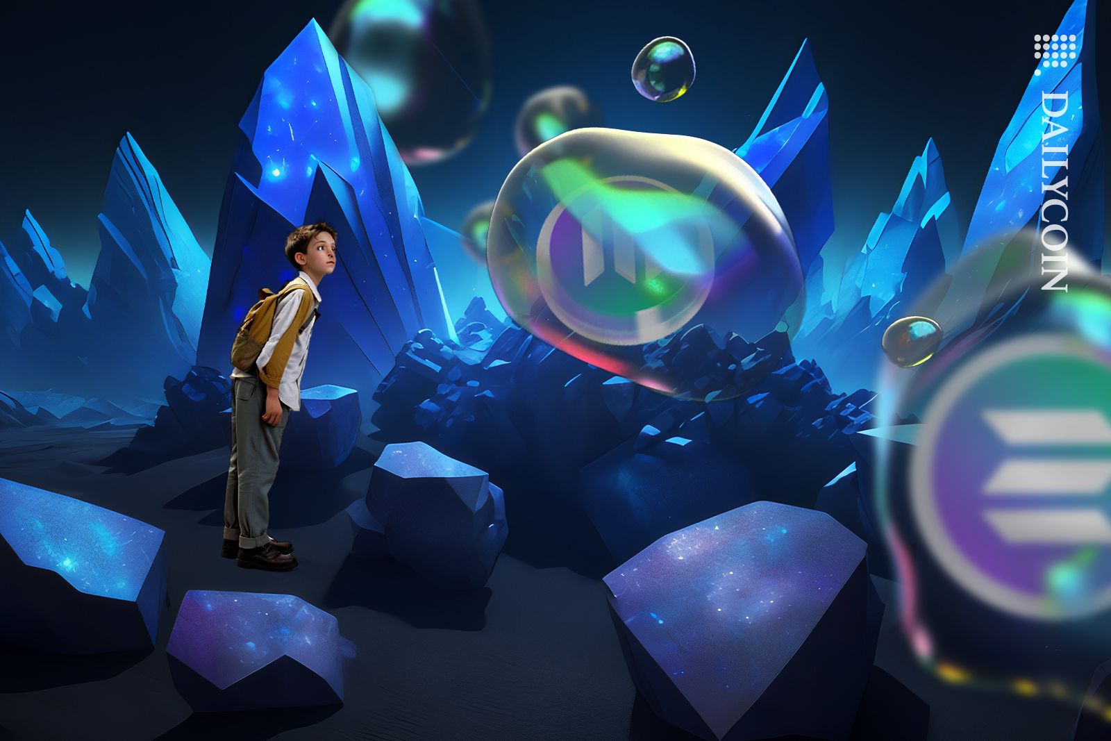 Boy in a digital wonderland seeing circlular bubbles of Solana coins floating in the air.