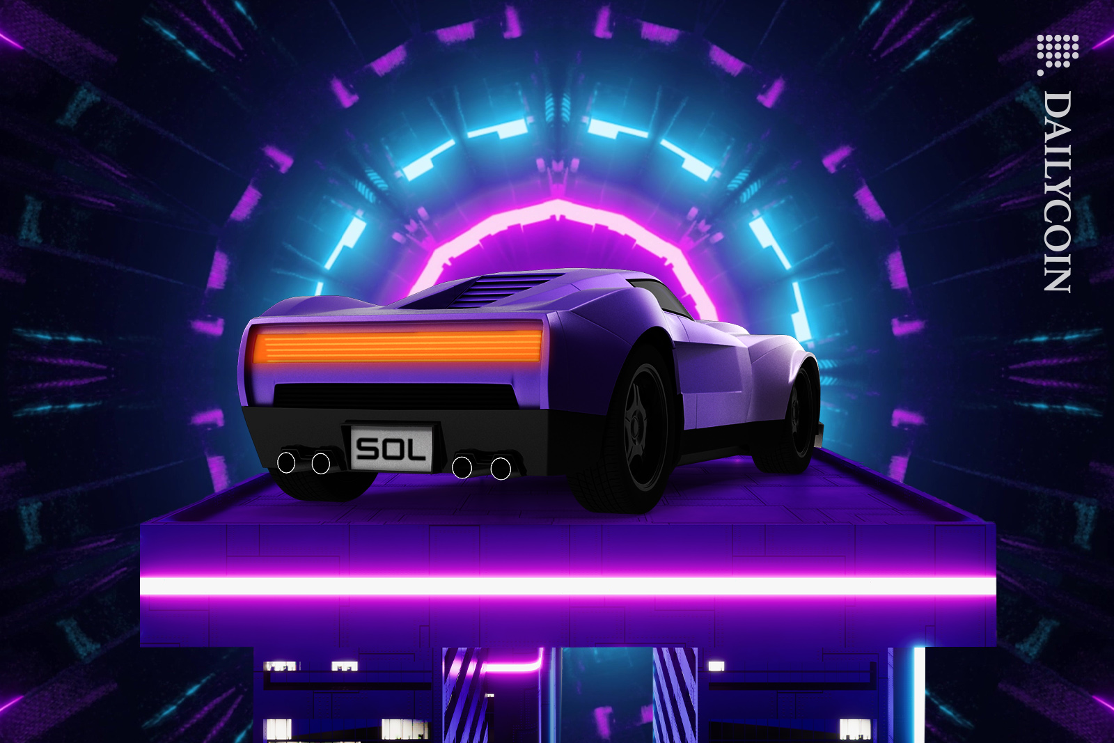Solana car on a podium, ready to go through the portal.