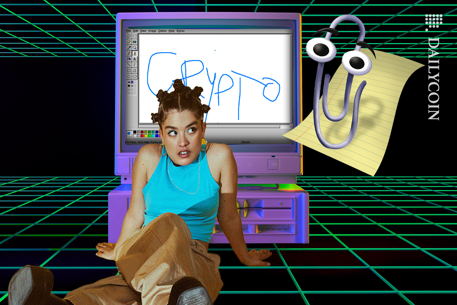 Girl in the 90's digital space, drew the word 'Crypto' in Microsoft Paint. Seeing Clippy show up on her screen.