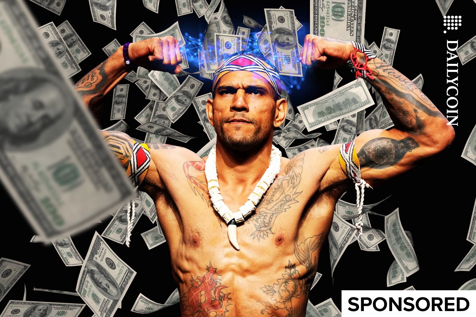 Alex Pereira flexing muscles as money falling on and around him.