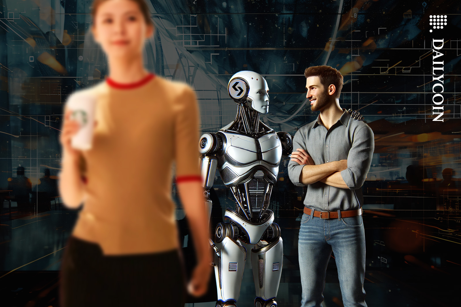 A Bitget robot talking to a guy in a digital office environment with Gracy Chen in the foreground.