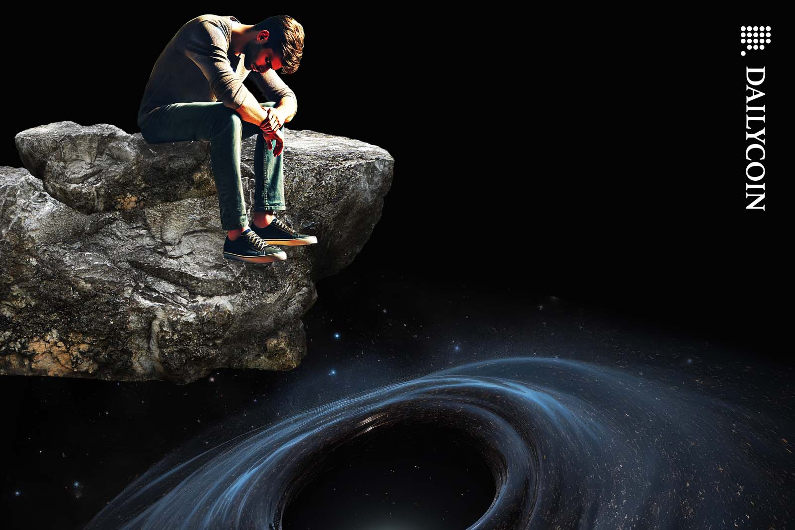 A really disappointed man sitting on a rock staring into a blackhole.