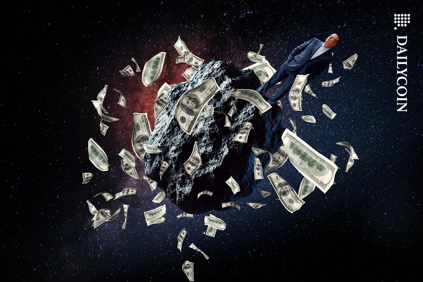 Larry Fink standing standing on a black rock in space, surrounded by money.