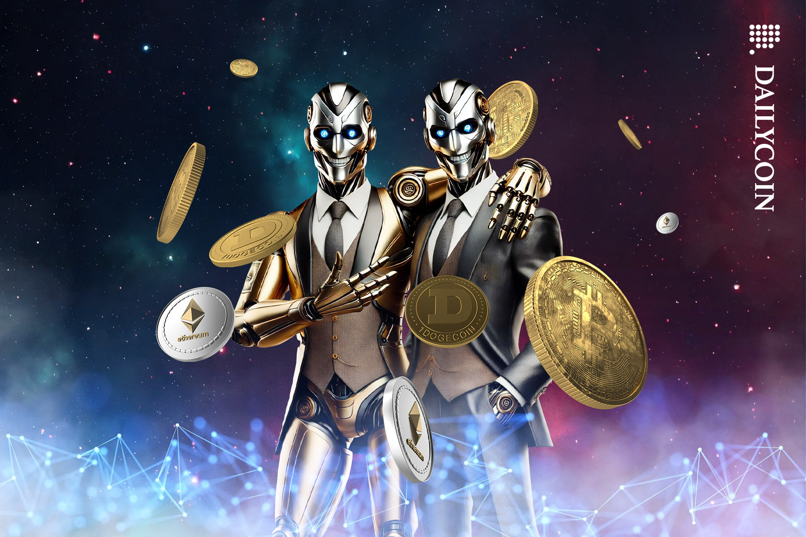 Two similar robots posing for the camera surrounded by floating crypto coins.