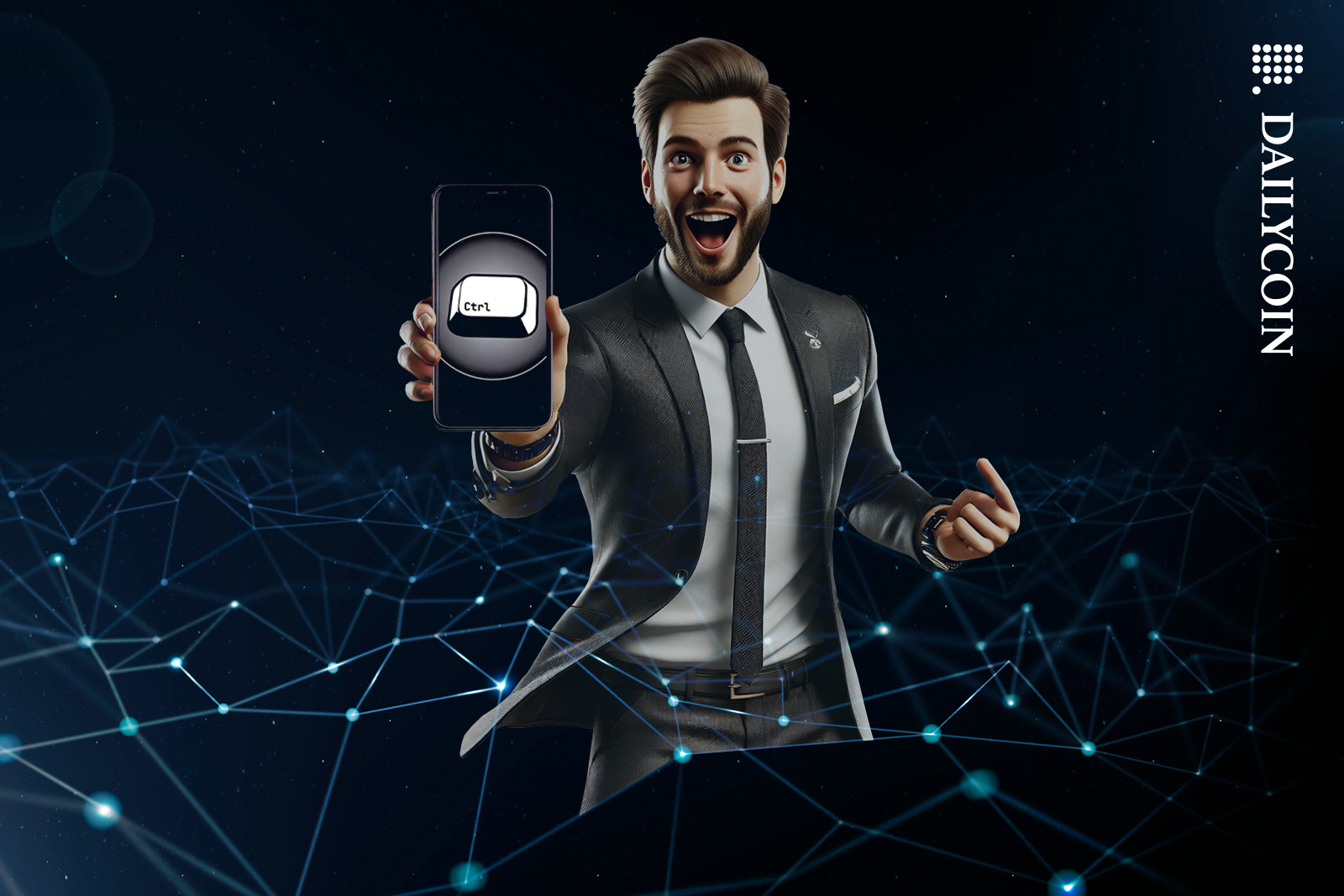 Excited sales person holding up a smart phone.