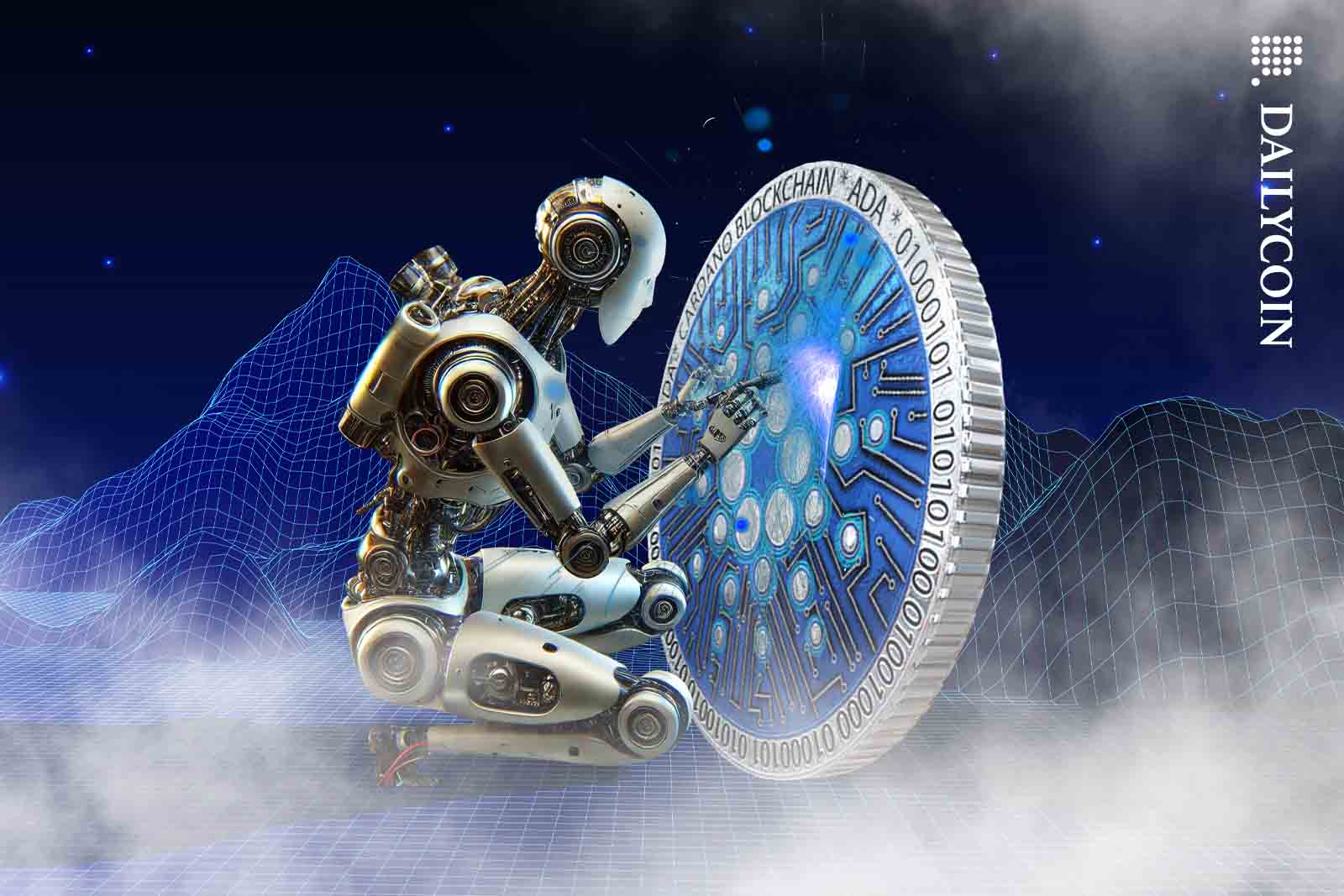 Robot working on a Cardano coin in a wireframe landscape.