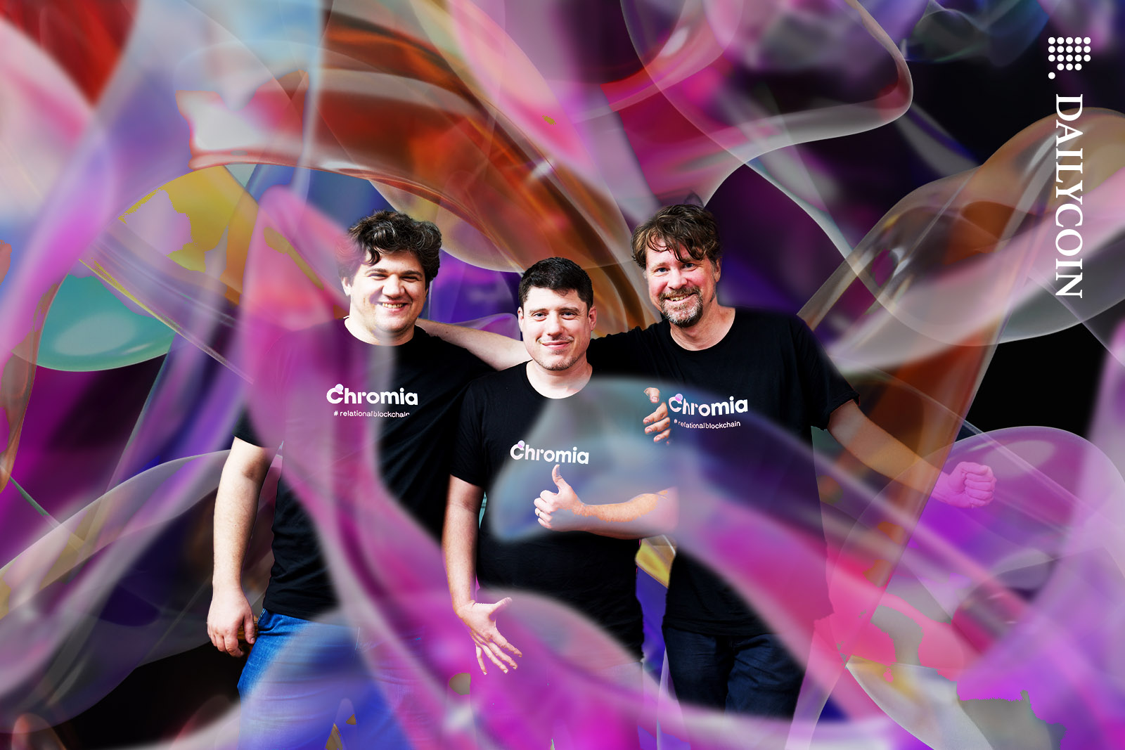 The founders of Chromia posing for the camera in a digital environment.
