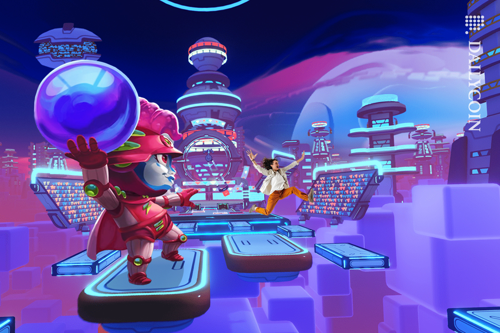 Girl playing in the Cosmic Bomber game, and a a character is trying to hit her with a ball.