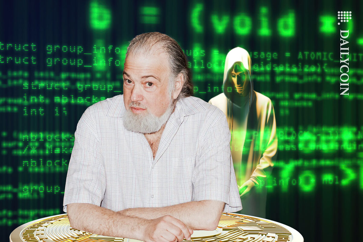 David Chaum in coding space with Bitcoin and behind him Satoshi.
