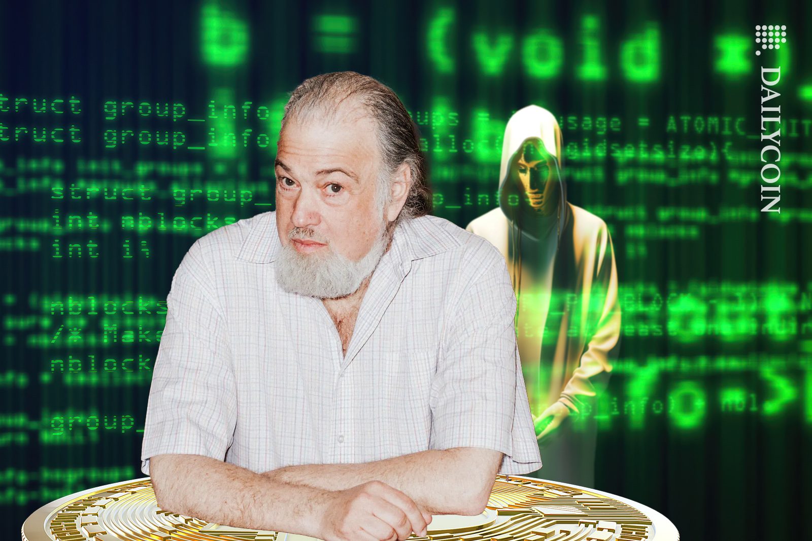 David Chaum in coding space with Bitcoin and behind him Satoshi.
