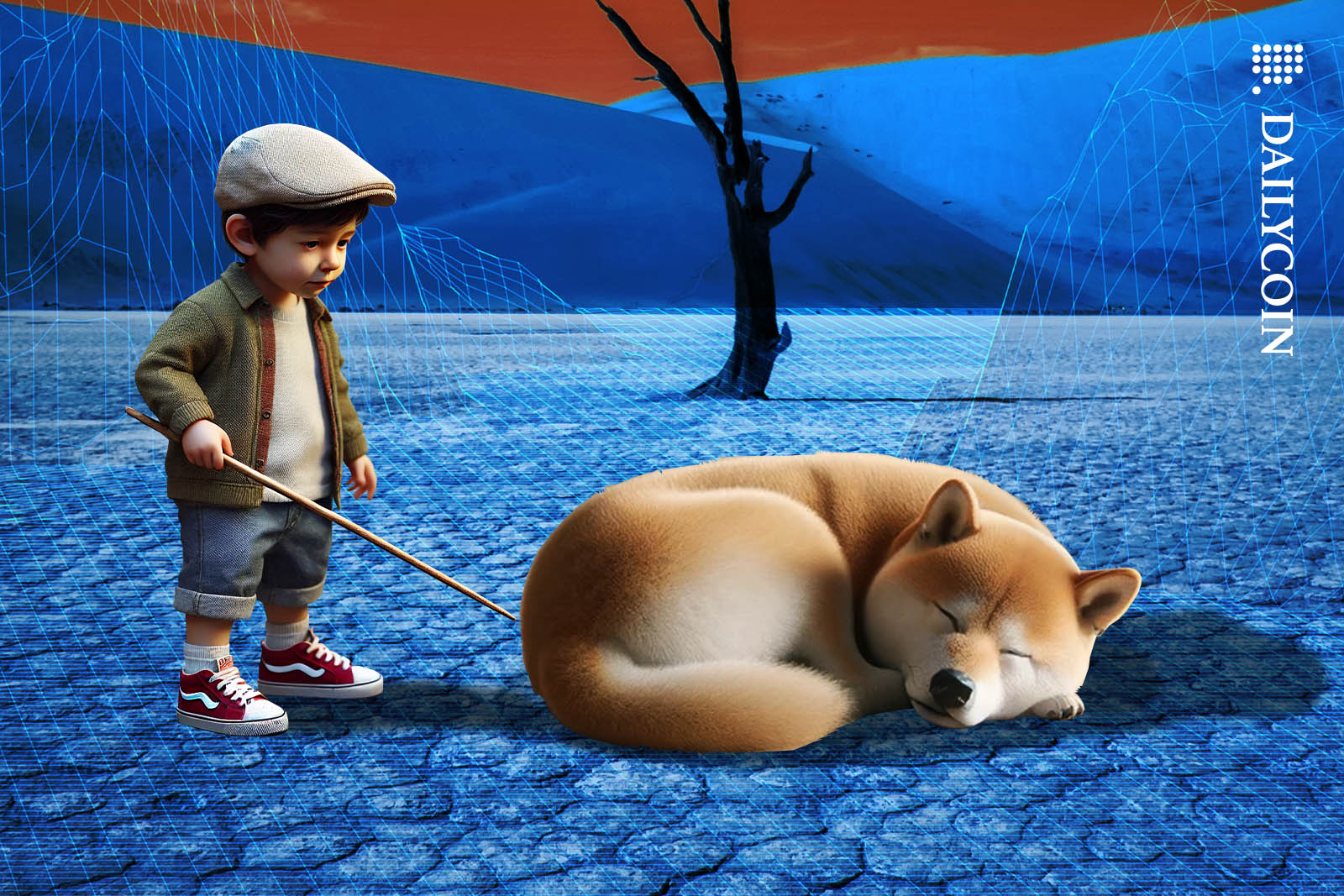 A small kid poking Dogecoin dog with a stick in a desert.