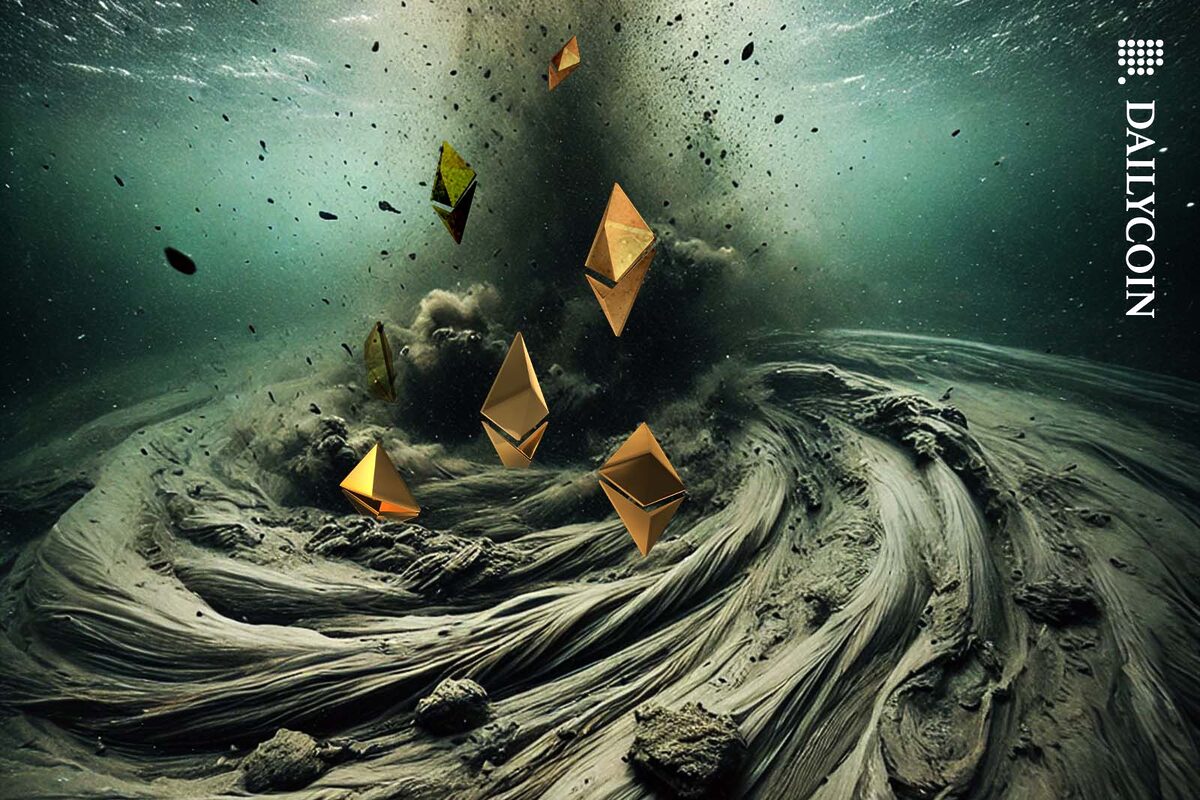 Golden Ethereum logos in a muddy whirlpool on the bottom of a lake.