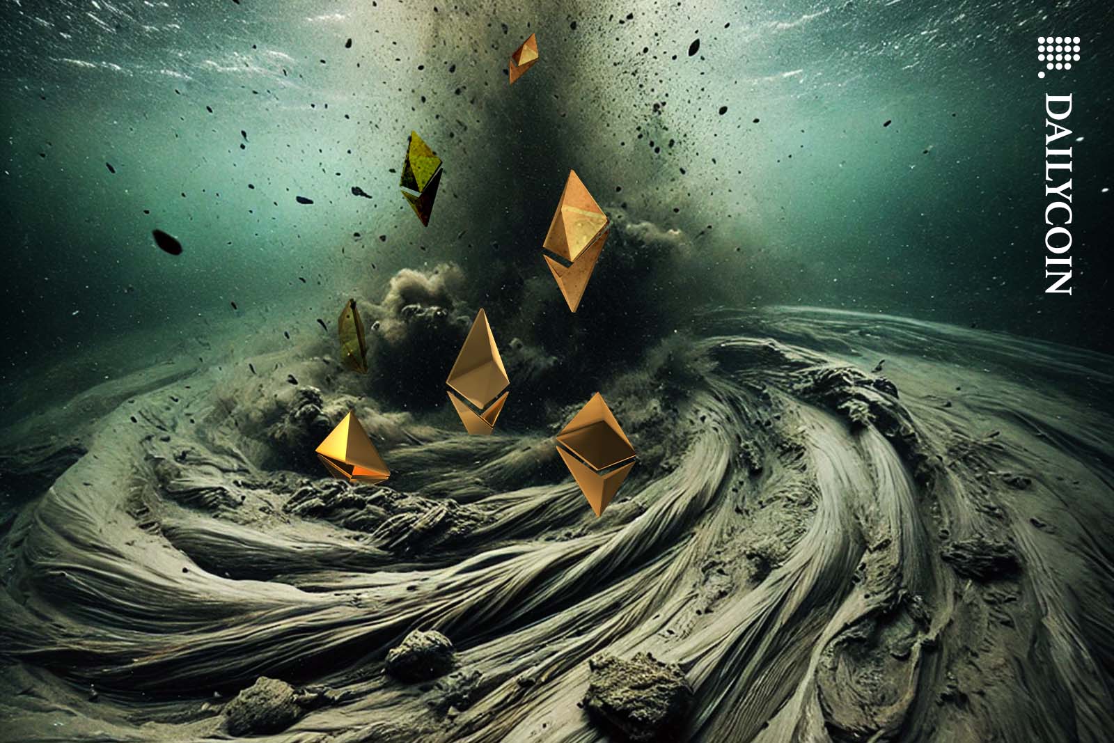Golden Ethereum logos in a muddy whirlpool on the bottom of a lake.