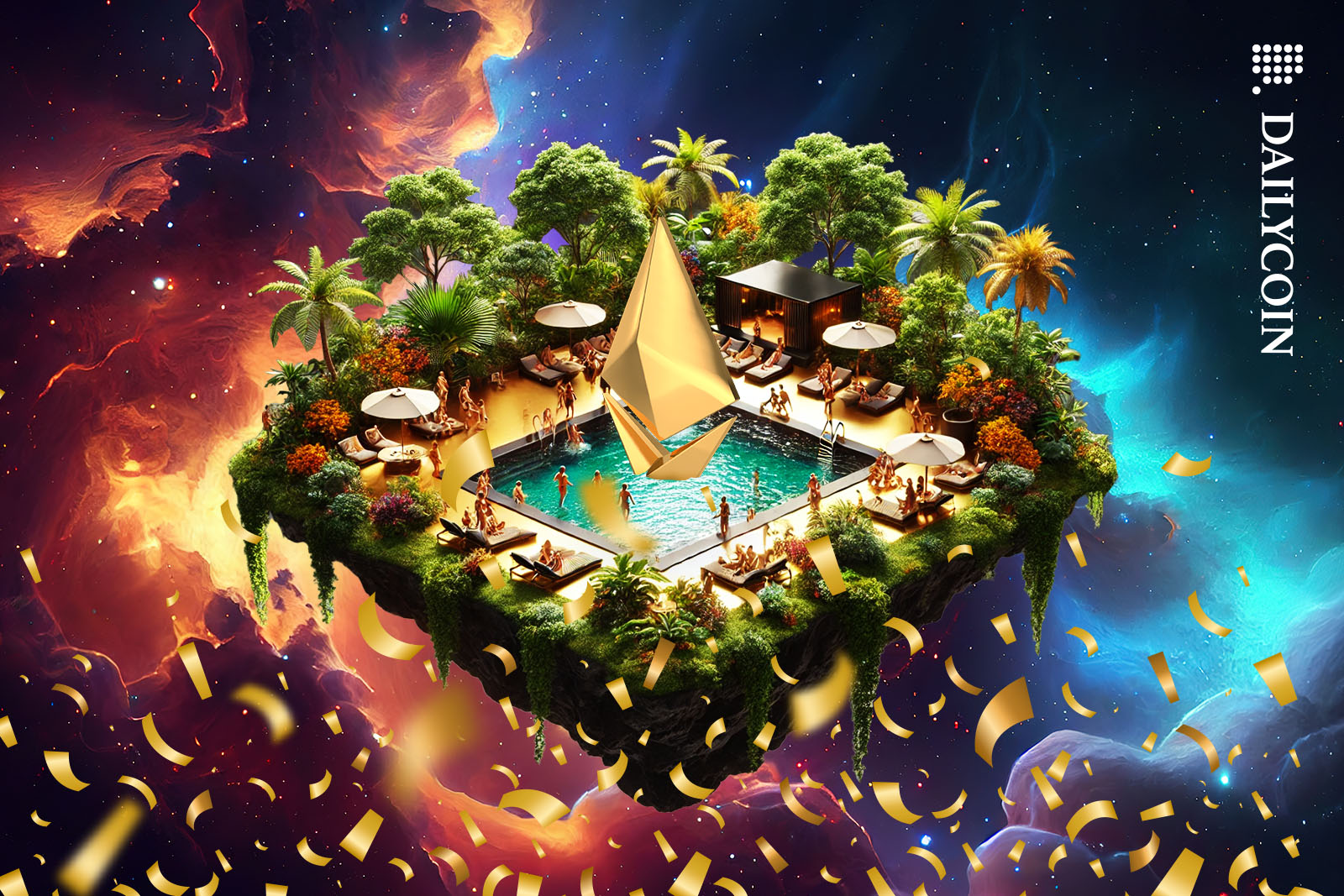A pool party in space with a big golden Ethereum logo in the pool.