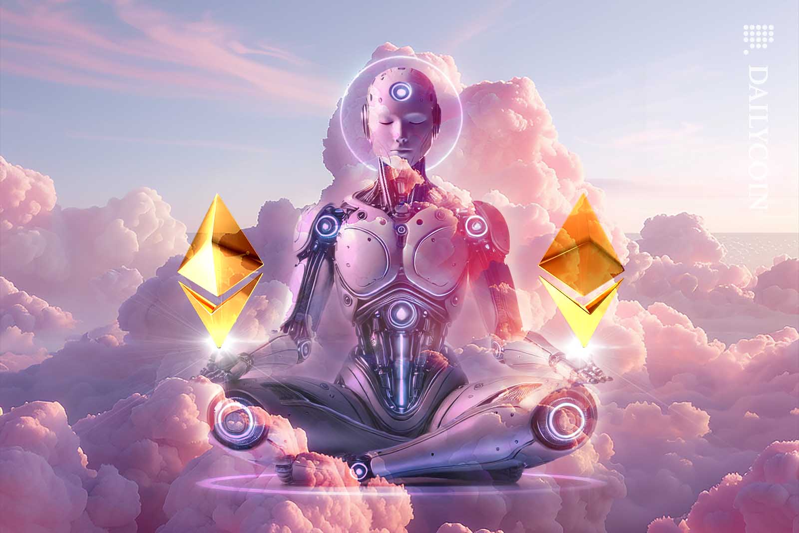 Futuristic robot levitating in pink clouds in lotus position holding two Ethereum logos.
