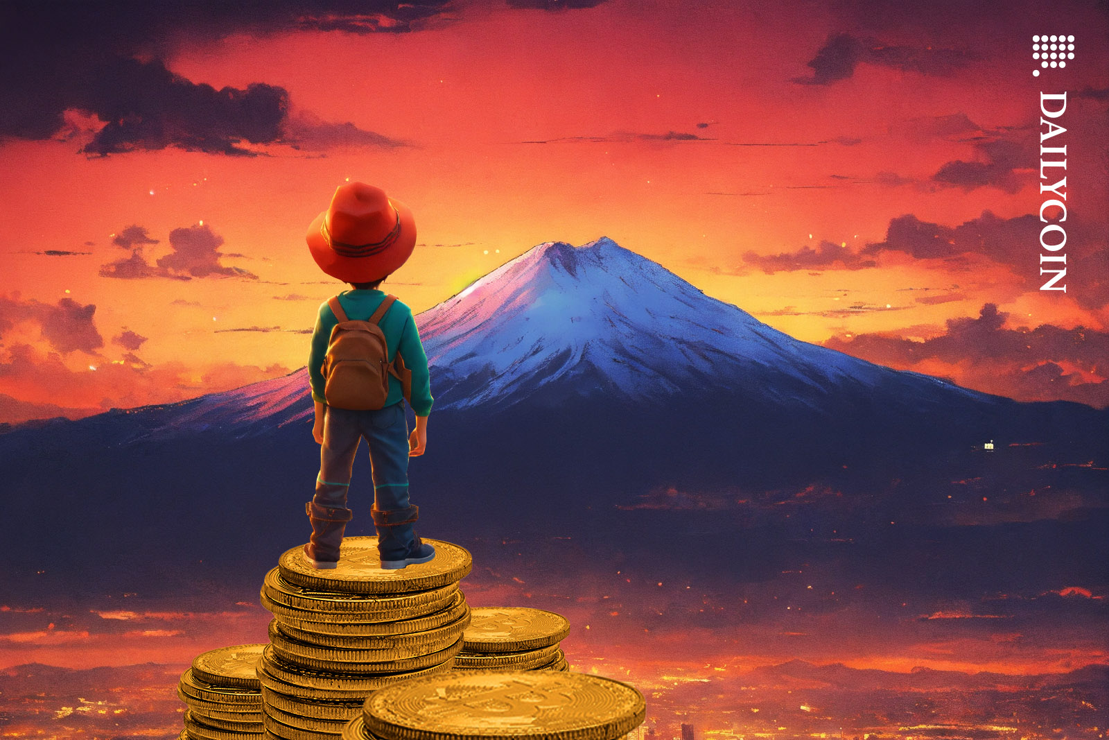 Kid looking at Mount Fuji from a pile of bitcoins.