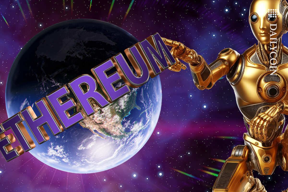 Alien robot in the galaxy touching Ethereum sign that's turning over the world.