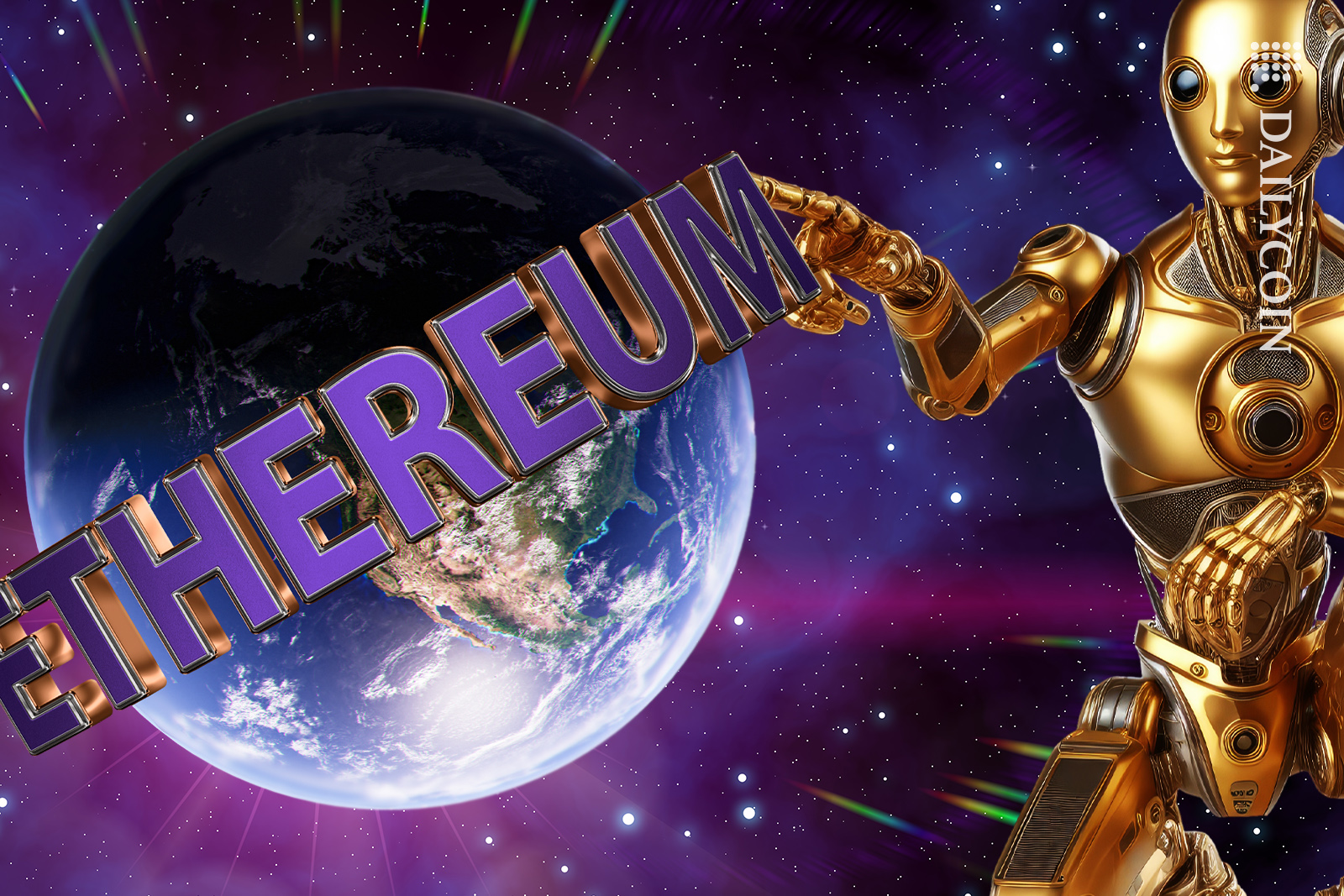 Alien robot in the galaxy touching Ethereum sign that's turning over the world.
