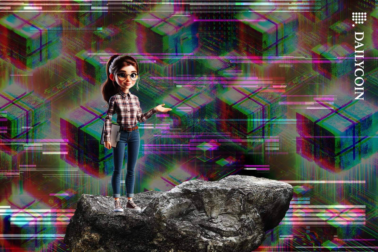 Girl standing on a rock presenting a glitchy blockchain system.