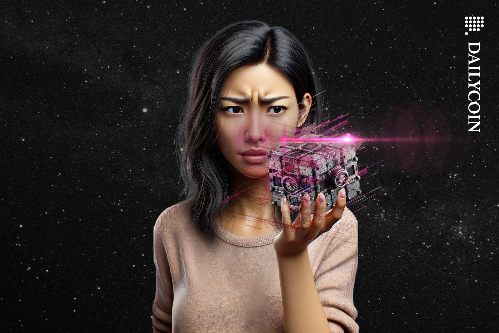 Girl looking confused, holding a cubical digital object resembling a safe.
